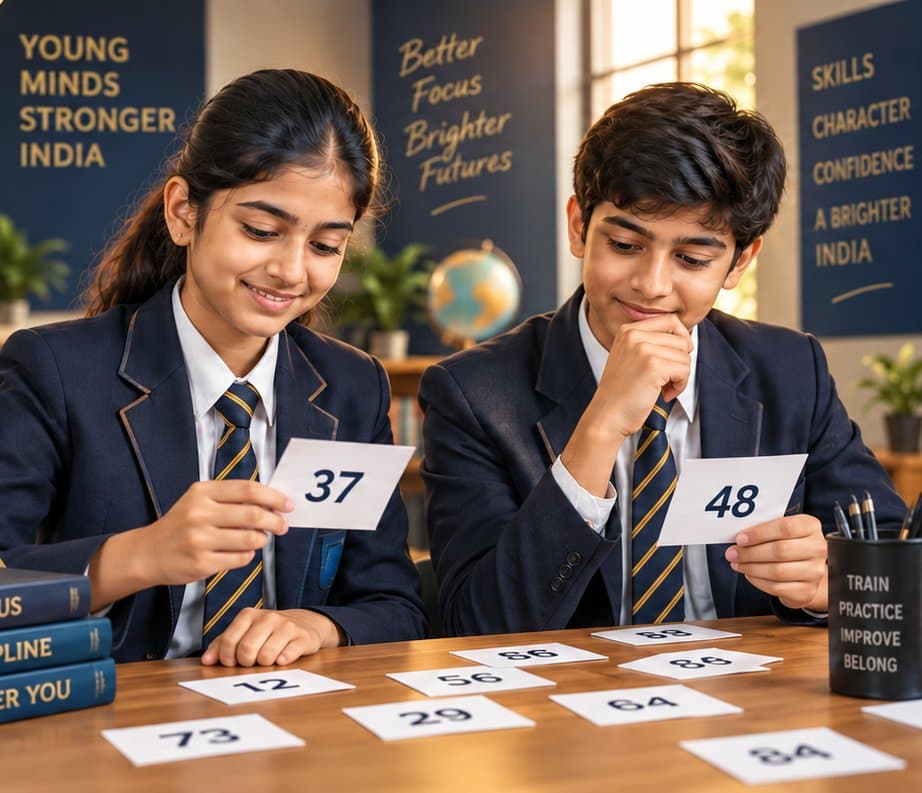 Two school students memorising number cards laid out on a desk